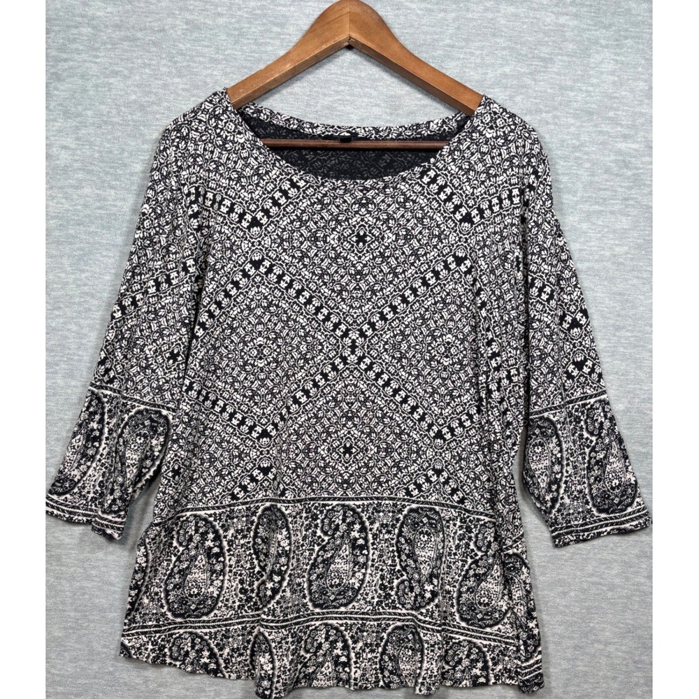 Lucky Brand Womens Plus 1X Paisley Medallion Print 3/4 Sleeve Knit Top Black
